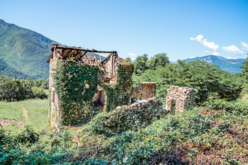 Ruine zerfallenes Stein Haus teilweise  zugewachsen in der Landschaft  Lost Place