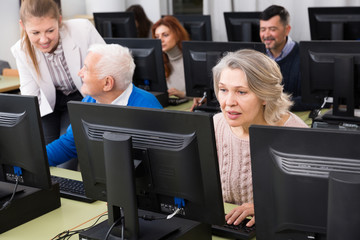 Wall Mural - Mature people studying with young female coach