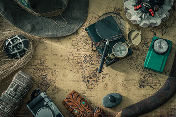 Aufkleber - Old map, vintage travel equipment and souvenirs from the travel around the world