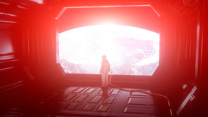 Wall Mural - alone astronaut in futuristic space corridor, room. view of the earth. 3d rendering