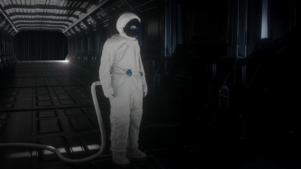 Wall Mural - alone astronaut looks at the planet earth in futuristic interior, the planet earth reflects in a spa