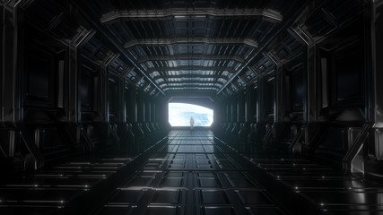 Wall Mural - alone astronaut in futuristic space corridor. view of the earth. 3d rendering