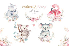 Watercolor Cute Cartoon Illustration With Cute Mommy Flamingo And Baby, Flower Leaves. Mother Hippo And Baby Illustration Bird Design. Tropical Mom Koala