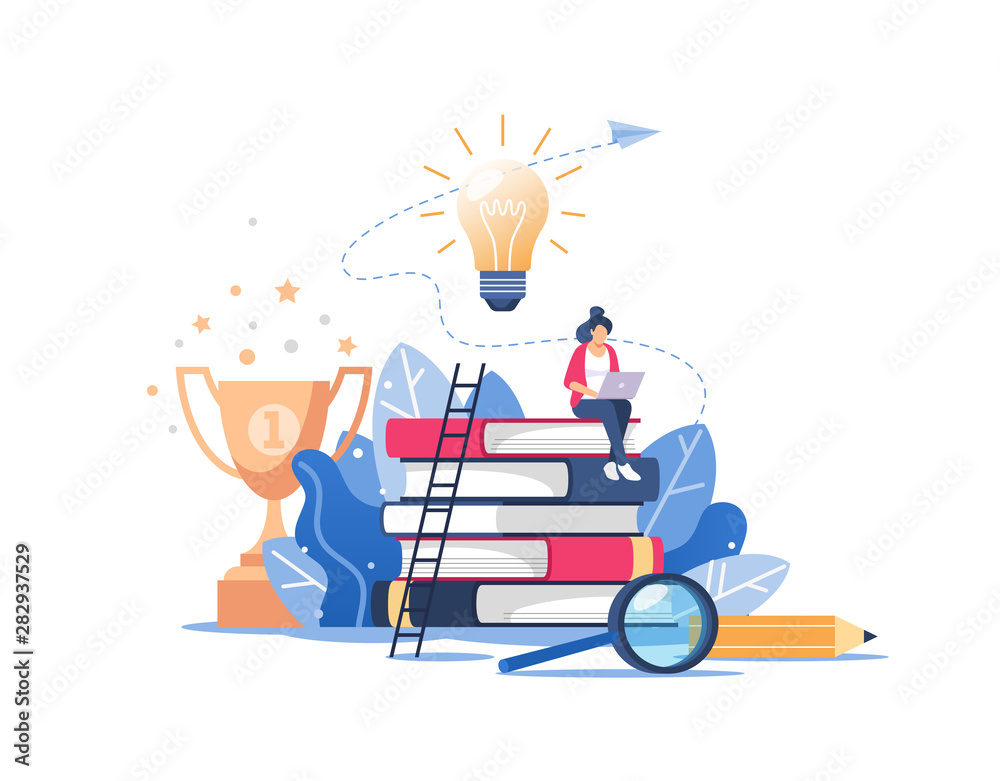 Person gains knowledge for success and better ideas. Online education or business training concept, distance courses, study guides, exam preparation, home schooling. Vector illustration. - obrazy, fototapety, plakaty 