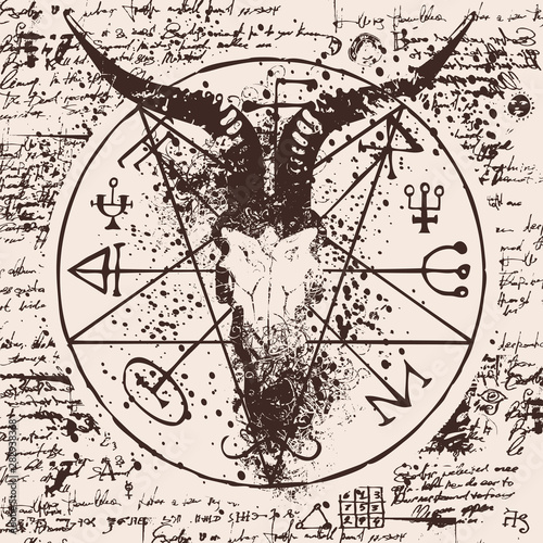 Fotografía Vector banner with illustration of the head of a horned goat and pentagram inscribed in a circle