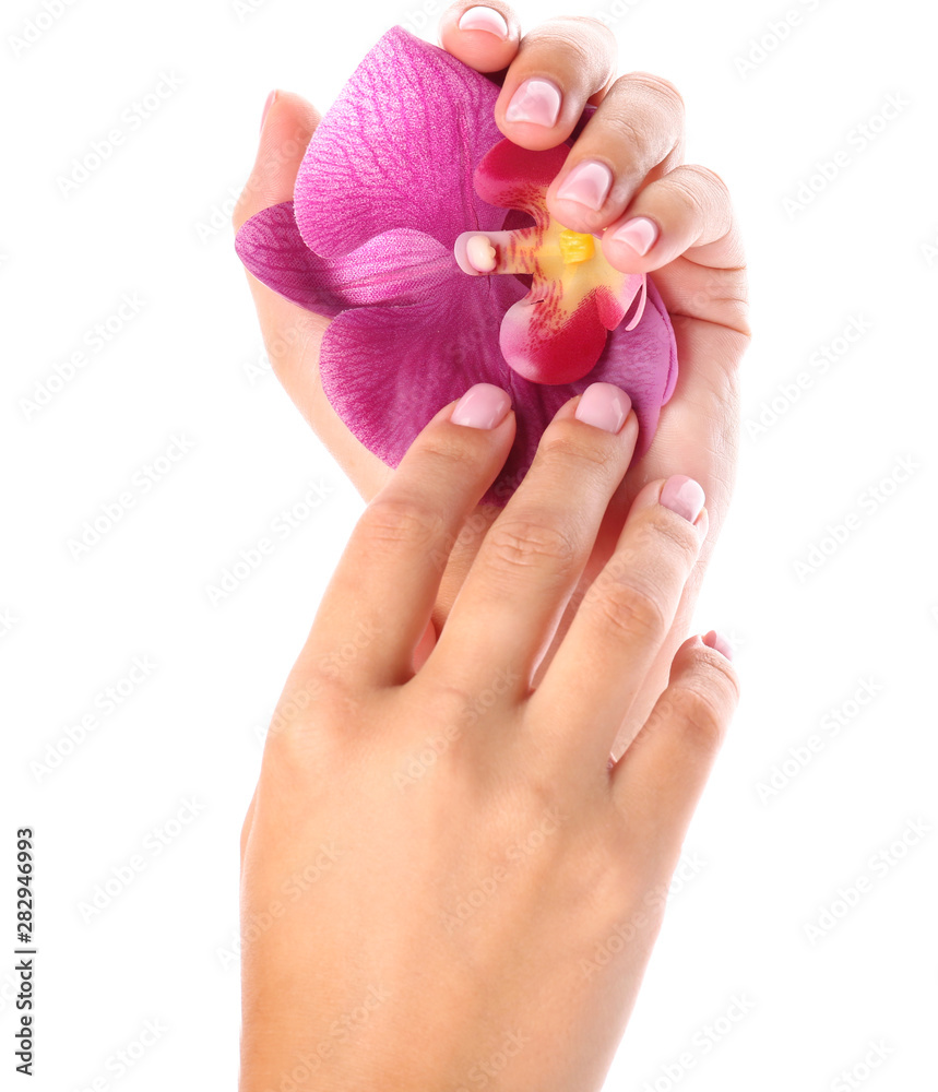 Female hands with beautiful manicure and flower on white background