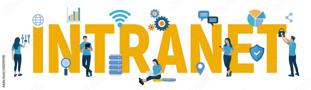 INTRANET. Global Network Connection Technology. Intranet Business Corporate communication document management system dms. Business team. Vector illustration with characters and icons. - obrazy, fototapety, plakaty 