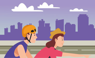 Wall Mural - Young people with bike and skates