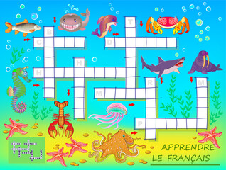 Wall Mural - learn french. crossword puzzle game with sea animals. educational page for children for study french