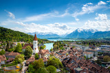 Fototapeta  - Panorama of Thun city  in the canton of Bern with Alps and Thunersee lake, Switzerland.