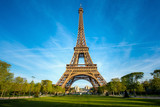 Fototapeta Paryż - Landscape panoramic view on the Eiffel tower and park during the sunny day in Paris, France. Travel and Vacation concept..