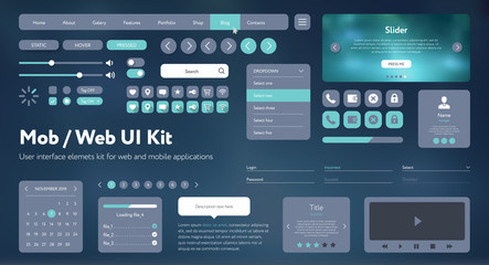 Fototapete - Flat Mobile Web UI Kit. Universal user interface for designing responsive websites, mobile apps. Gradient background. Different UX, GUI screens with buttons, slider, menu template. Modern space style.