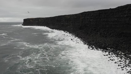 Wall Mural - drone flight towards massive black cliffs and rugged coastline of iceland, seagulls flying over blac