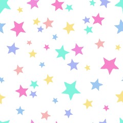 Seamless repeat pattern with tossed colorful pastel stars on a white background