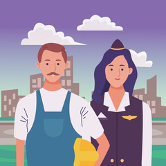 Wall Mural - Professionals workers couple smiling cartoons