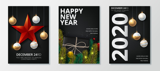 Wall Mural - vector illustration of happy new year 2020 gold and black collors place for text christmas balls