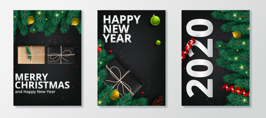 Wall Mural - vector illustration of happy new year 2020 gold and black collors place for text christmas balls