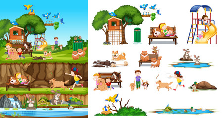 Sticker - Set of isolated animals and kids with background scene