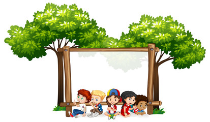 Wall Mural - Blank sign template with kids and trees