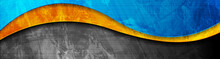 Contrast Orange And Blue Curved Waves. Abstract Grunge Wavy Banner Design. Old Wall Concrete Texture. Vector Corporate Background