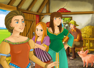 Cartoon scene with princess and farmer rancher in the barn pigsty illustration for children