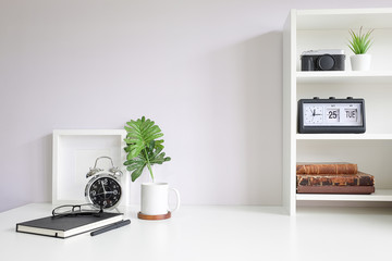 Fototapete - Mockup workspace desk and copy space books,plant and coffee on white desk.