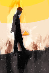 Digital painting of man walking on sand dune in desert