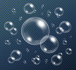 Wall Mural - Realistic water bubbles collection isolated on transparent background.