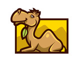 Fototapeta Dinusie - Cartoon cute camel eating leaf. Camel character mascot - vector illustration
