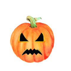 Halloween pumpkin Jack, isolated object on the white background, watercolor hand drawn illustration, cartoon characte