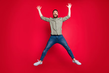 Full Length Body Photo Of Falling Man Showing You Shape Of Star While Isolated With Red Background