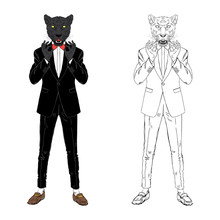 Panther Man Dressed Up In Tuxedo. Anthropomorphic Fashion Wild Cat Animal Illustration. Hipster Black Leopard.