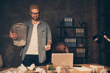 Sticker - Photo of casual overworked evil crazy mad worker wearing jeans denim shirt trying to complete forming his idea by morning but mind is desolate with no valuable thought