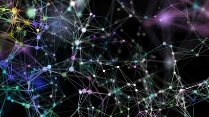 Poster - Movement of the molecular compound formed by revolving particles with plexus structure around. Abstract geometric background with lines and dots. Futuristic and technology scene.