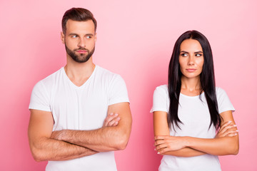 Poster - Portrait of his he her she two nice-looking attractive lovely charming cute calm focused content spouses folded arms thinking isolated over pink pastel background