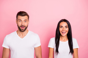 Poster - Portrait of his he her she two nice-looking attractive lovely charming excited glad delighted wondered cheerful cheery person isolated over pink pastel background