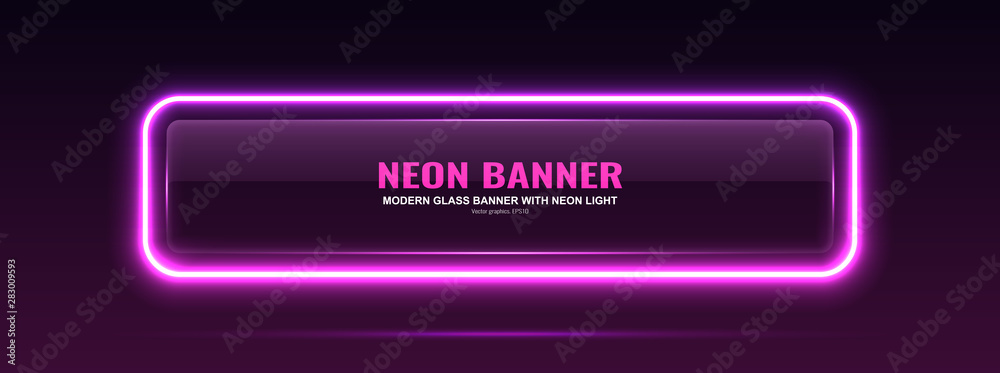 Rectangular glass banner. Transparent billboard with neon lights. Vector illustration. - obrazy, fototapety, plakaty 