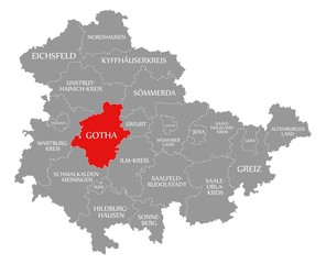 Gotha red highlighted in map of Thuringia Germany