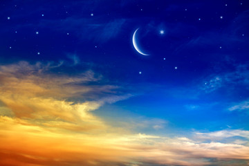 generous ramadan . new moon . red sunset and moon . cloudy landscape and star sky .