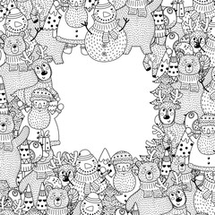 Black and white Christmas frame in coloring page style