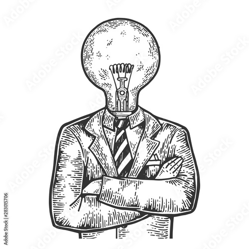 Cuadros en Lienzo Businessman with lamp bulb instead head sketch engraving vector illustration