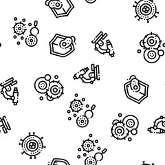 Poster - Pathogen Seamless Pattern Vector. Pathogen Bacteria Microorganism, Microbes And Germs Linear Pictograms. Analysis In Flask, Microscope And Injection Illustration