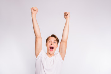 Wall Mural - Photo of student guy in ecstatic weekend mood wear casual outfit isolated white background