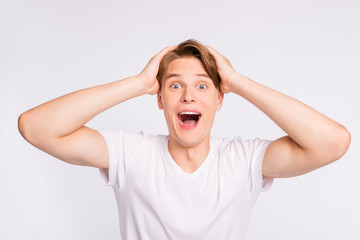 Wall Mural - Photo of amazing guy yelling loud wearing casual outfit isolated on white background