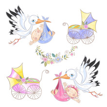 Set Of Illustrations. Stork With Baby. Baby Carriage . Baby Shower. Vector