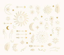 Hand Drawn Golden Mystic Symbols. Sun, Moon, Star Tattoo Design. Vector Gold Foil Isolated Illustration.