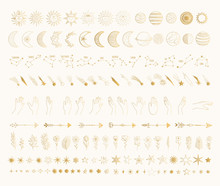 Big Golden Galaxy Bundle With Sun, Moon, Crescent, Shooting Star, Planet, Comet, Arrow, Constellation, Zodiac Sign, Hands. Hand Drawn Vector Isolated Illustration.