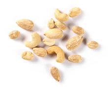 Mix Of Roasted, Salted Peanuts, Cashew Nuts And Almonds Isolated On White Background, Top View