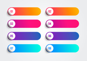 Poster - bullet points with numbers 1 to 8 in colorful text boxes. vector web element