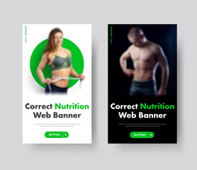 Poster - Black and white vertical vector web banner with place for photo, green elements and buttons.